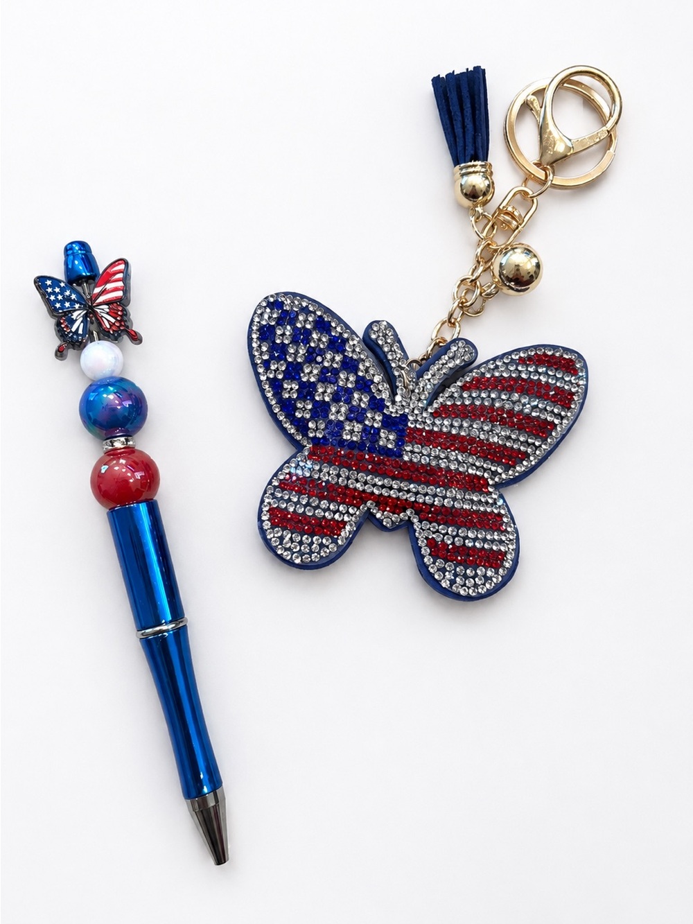 Patriotic Butterfly Keychain Charm - with handmade patriotic, butterfly pen